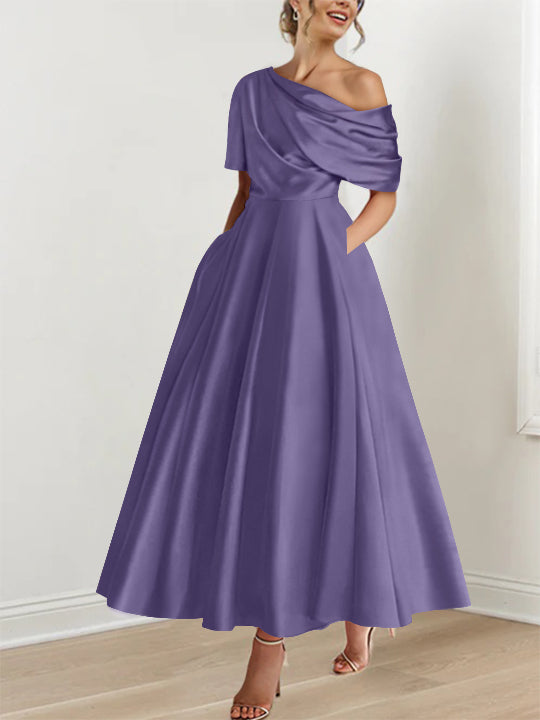 A-Line/Princess One-shoulder Half Sleeve Ankle-Length Plus Size Mother of the Bride Dresses with Ruffles