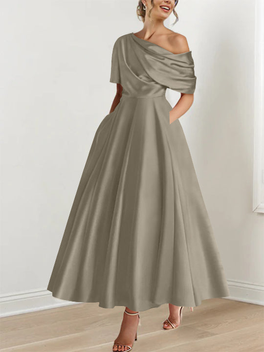 A-Line/Princess One-shoulder Half Sleeve Ankle-Length Plus Size Mother of the Bride Dresses with Ruffles