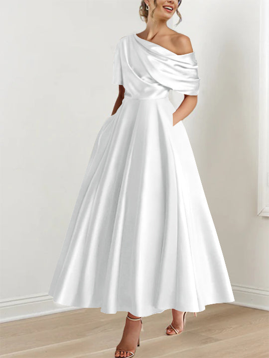 A-Line/Princess One-shoulder Half Sleeve Ankle-Length Plus Size Mother of the Bride Dresses with Ruffles