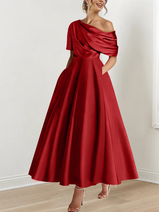 one shoulder wine red ankle length mother of the bride dress