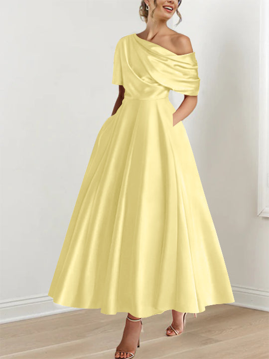 A-Line/Princess One-shoulder Half Sleeve Ankle-Length Plus Size Mother of the Bride Dresses with Ruffles