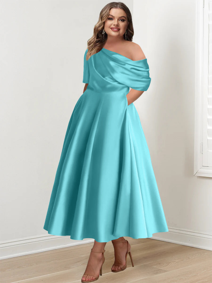 A-Line/Princess One-shoulder Half Sleeve Ankle-Length Plus Size Mother of the Bride Dresses with Ruffles