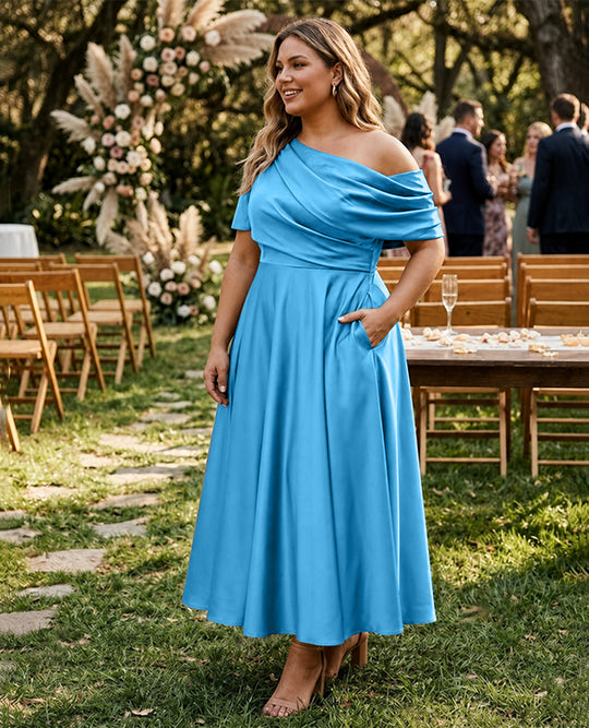 A-Line/Princess One-shoulder Half Sleeve Ankle-Length Plus Size Mother of the Bride Dresses with Ruffles