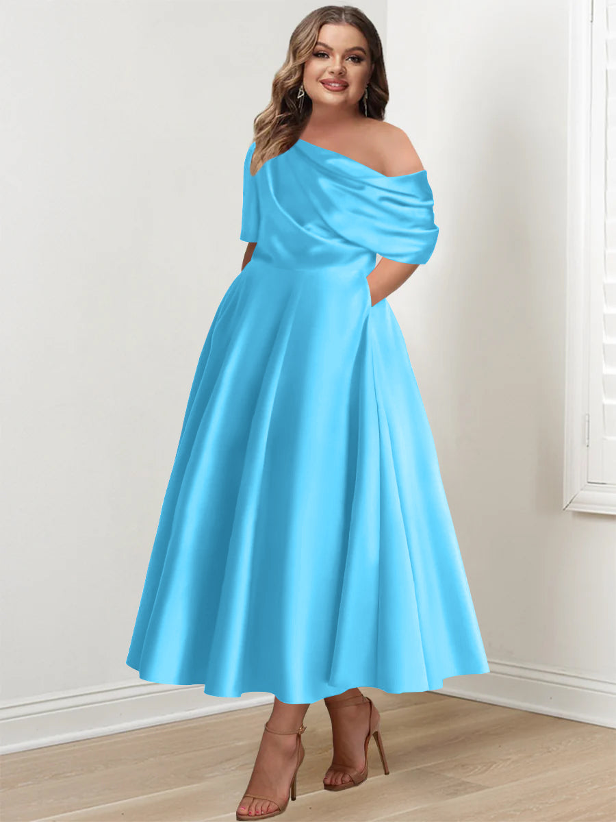 A-Line/Princess One-shoulder Half Sleeve Ankle-Length Plus Size Mother of the Bride Dresses with Ruffles