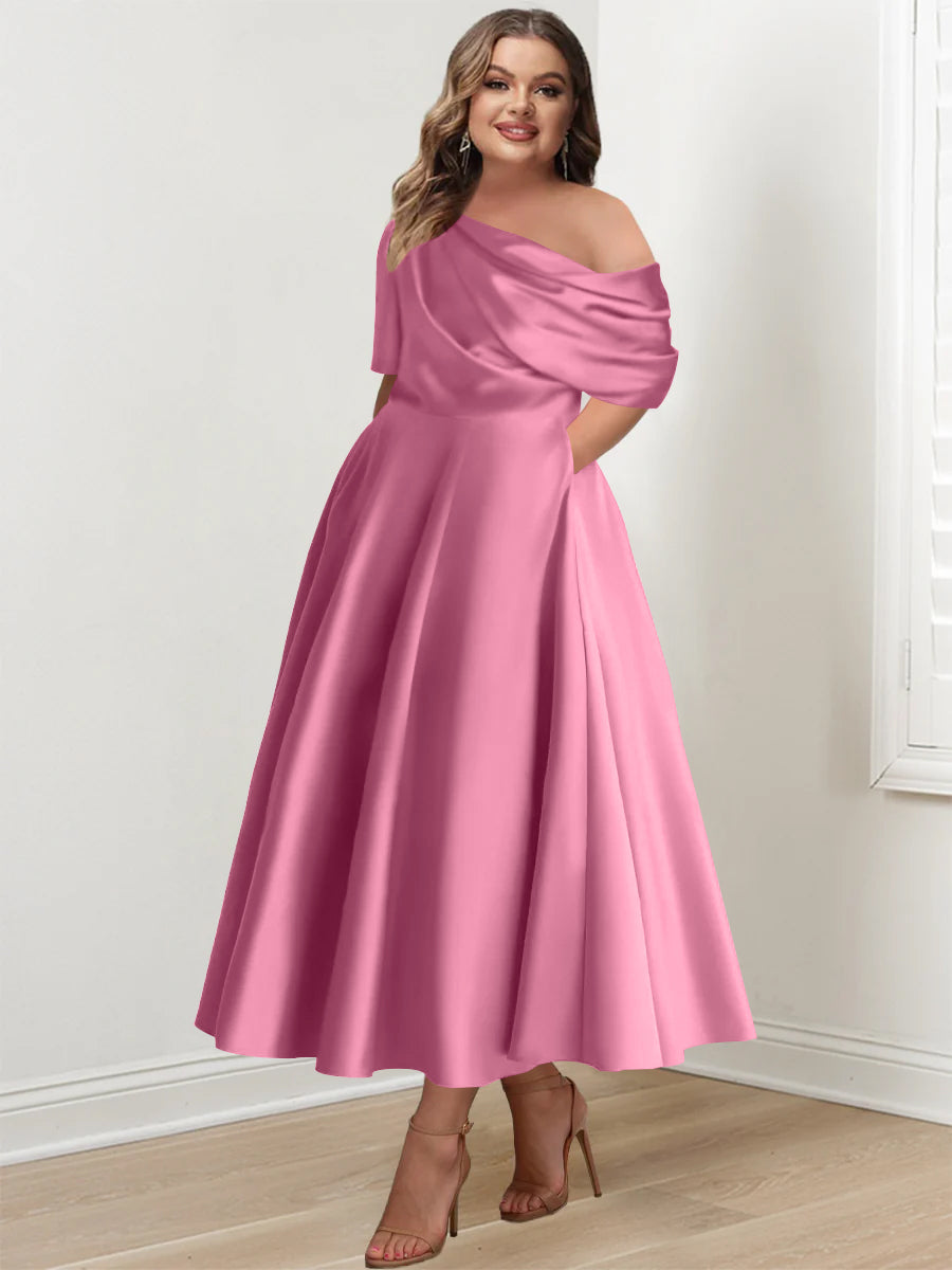 A-Line/Princess One-shoulder Half Sleeve Ankle-Length Plus Size Mother of the Bride Dresses with Ruffles