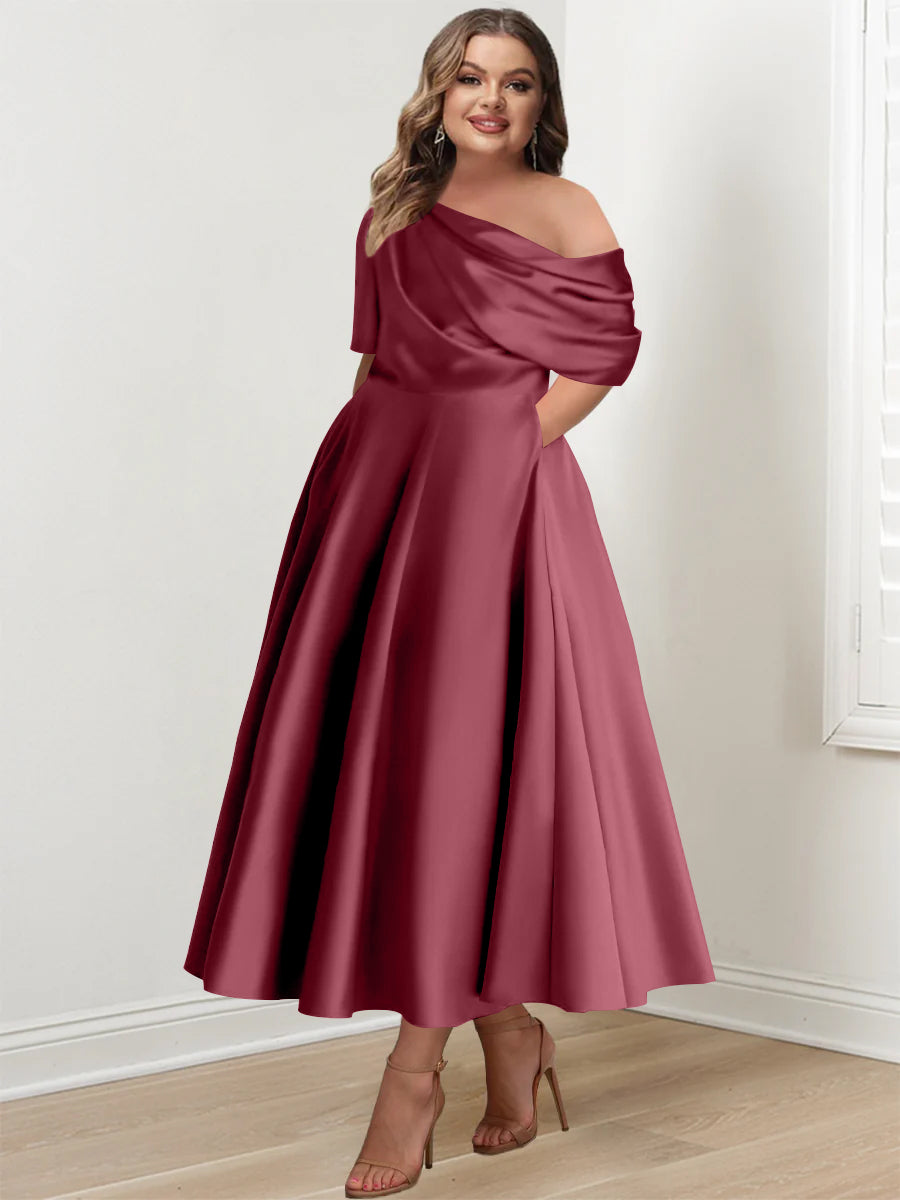 A-Line/Princess One-shoulder Half Sleeve Ankle-Length Plus Size Mother of the Bride Dresses with Ruffles