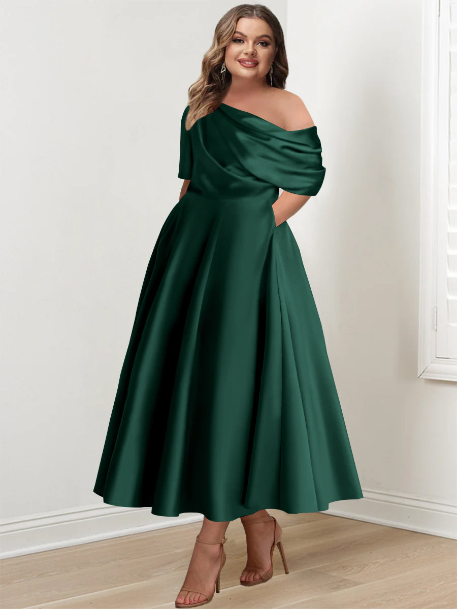 A-Line/Princess One-shoulder Half Sleeve Ankle-Length Plus Size Mother of the Bride Dresses with Ruffles