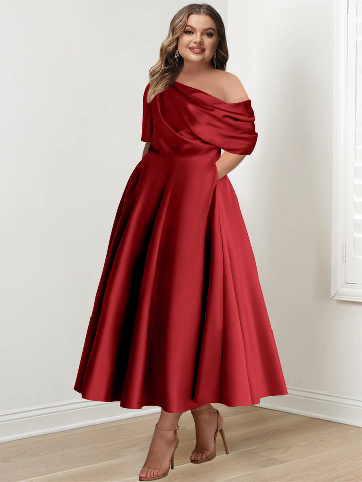 A-Line/Princess One-shoulder Half Sleeve Ankle-Length Plus Size Mother of the Bride Dresses with Ruffles