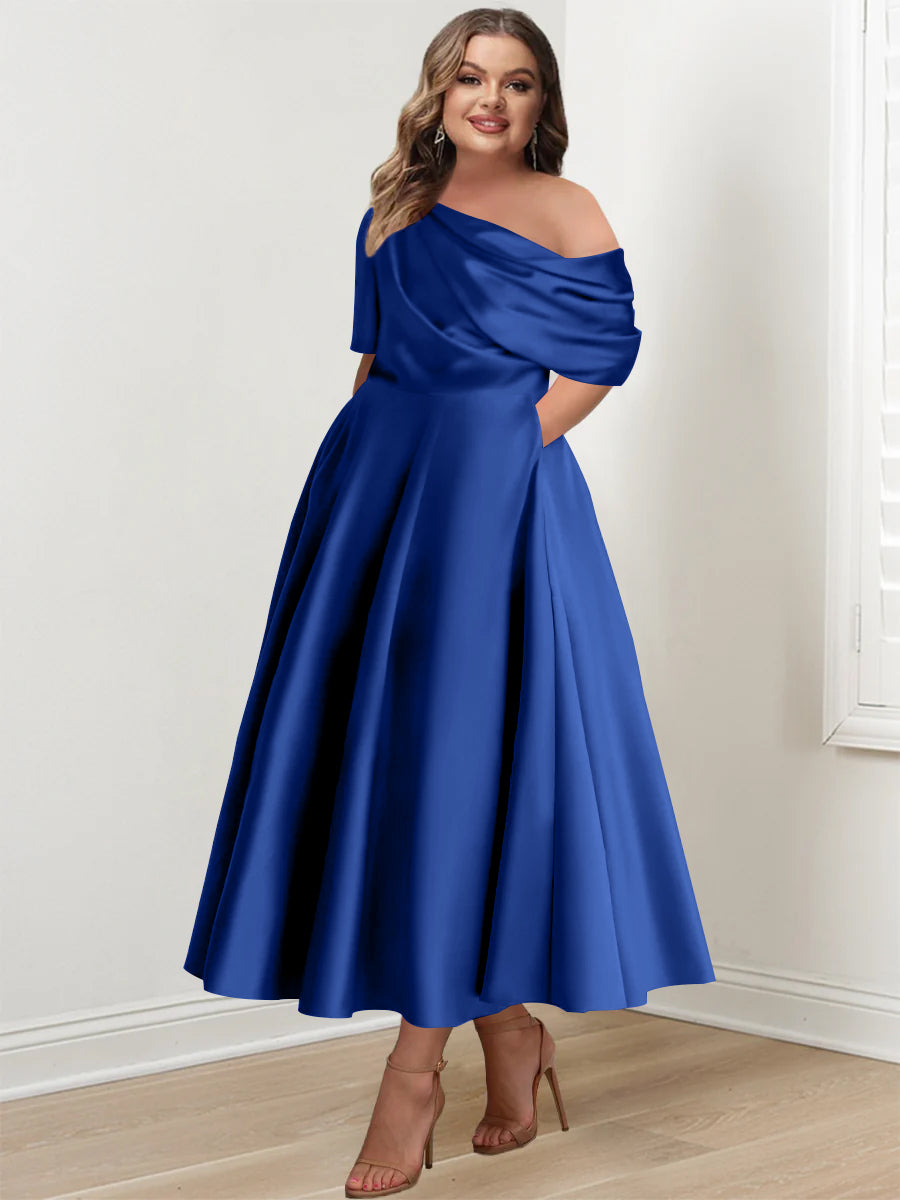 A-Line/Princess One-shoulder Half Sleeve Ankle-Length Plus Size Mother of the Bride Dresses with Ruffles