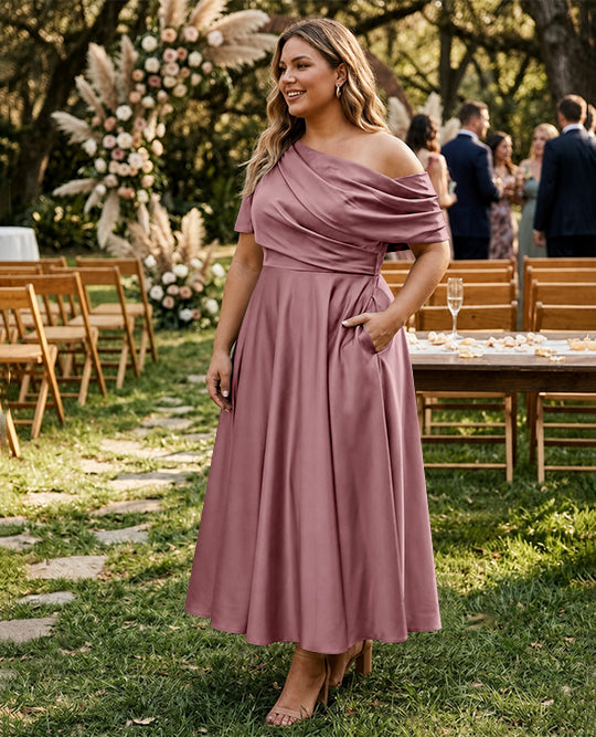 A-Line/Princess One-shoulder Half Sleeve Ankle-Length Plus Size Mother of the Bride Dresses with Ruffles