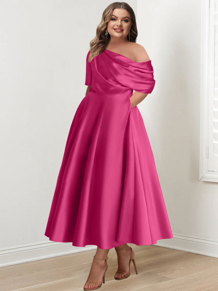 A-Line/Princess One-shoulder Half Sleeve Ankle-Length Plus Size Mother of the Bride Dresses with Ruffles