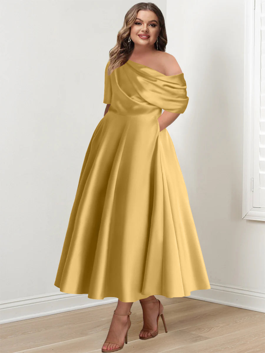 A-Line/Princess One-shoulder Half Sleeve Ankle-Length Plus Size Mother of the Bride Dresses with Ruffles