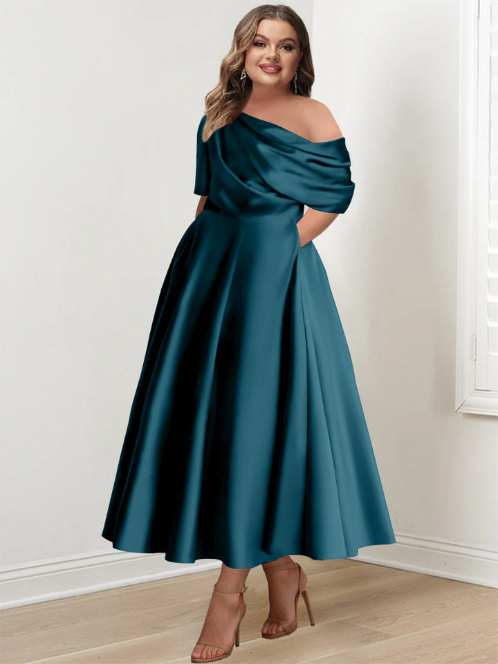 A-Line/Princess One-shoulder Half Sleeve Ankle-Length Plus Size Mother of the Bride Dresses with Ruffles