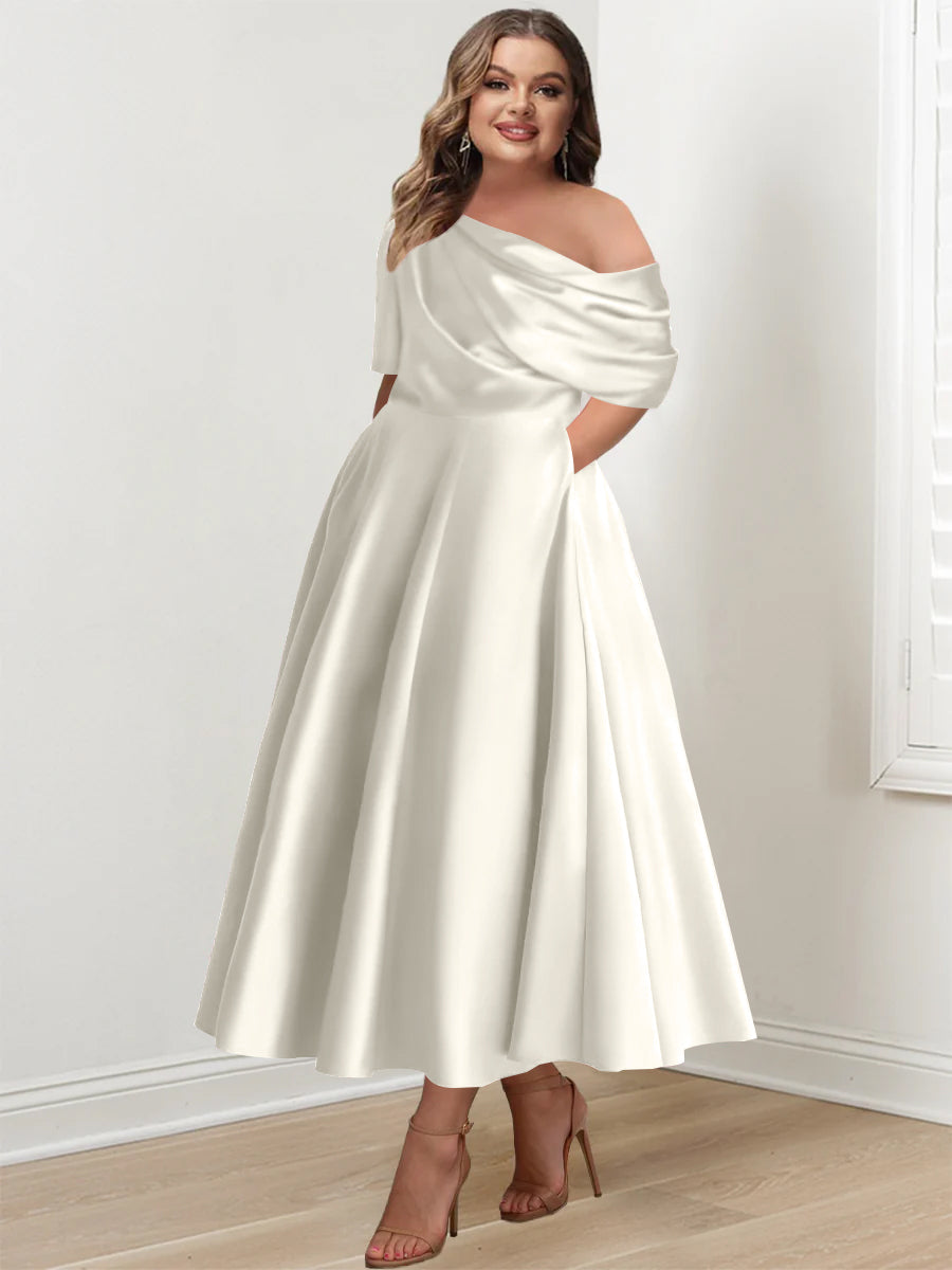 A-Line/Princess One-shoulder Half Sleeve Ankle-Length Plus Size Mother of the Bride Dresses with Ruffles