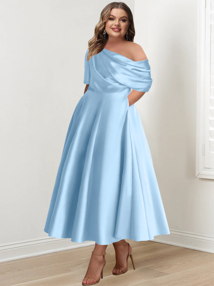 A-Line/Princess One-shoulder Half Sleeve Ankle-Length Plus Size Mother of the Bride Dresses with Ruffles