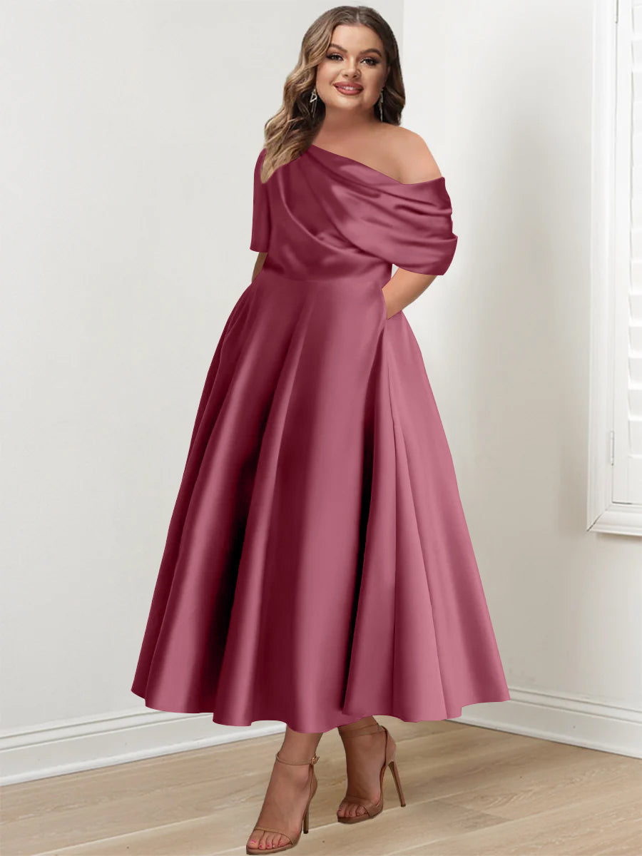 A-Line/Princess One-shoulder Half Sleeve Ankle-Length Plus Size Mother of the Bride Dresses with Ruffles