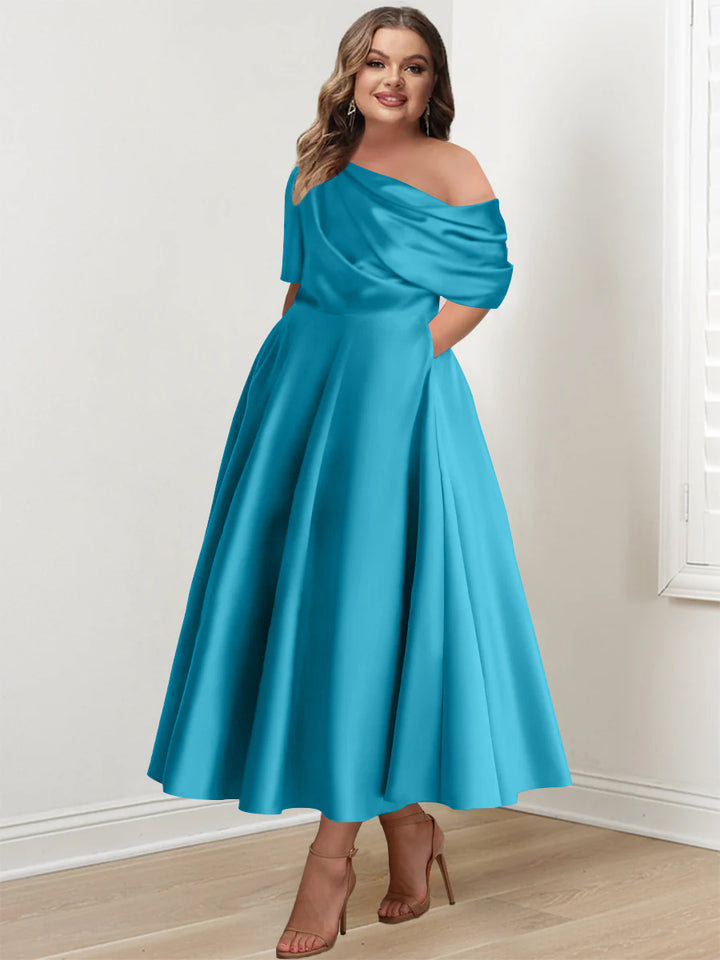 A-Line/Princess One-shoulder Half Sleeve Ankle-Length Plus Size Mother of the Bride Dresses with Ruffles