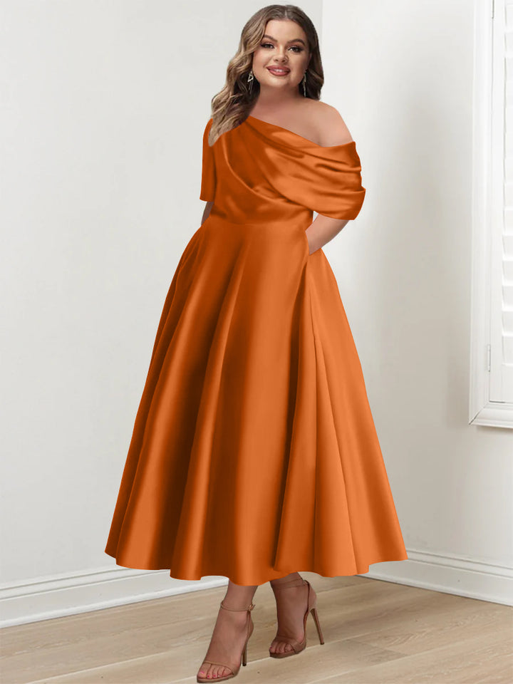 A-Line/Princess One-shoulder Half Sleeve Ankle-Length Plus Size Mother of the Bride Dresses with Ruffles