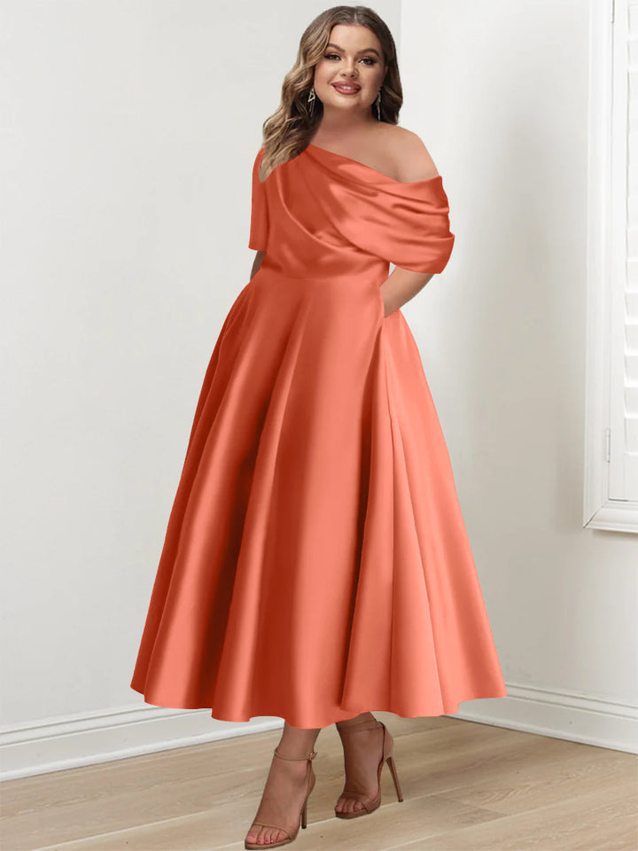 A-Line/Princess One-shoulder Half Sleeve Ankle-Length Plus Size Mother of the Bride Dresses with Ruffles