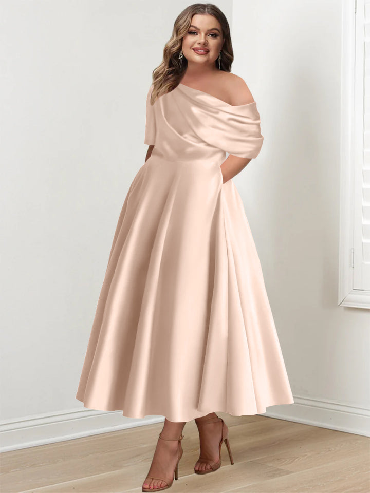 A-Line/Princess One-shoulder Half Sleeve Ankle-Length Plus Size Mother of the Bride Dresses with Ruffles