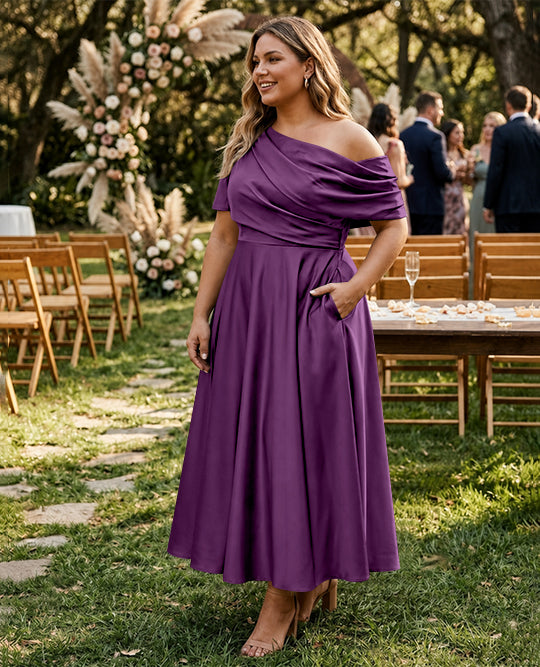 A-Line/Princess One-shoulder Half Sleeve Ankle-Length Plus Size Mother of the Bride Dresses with Ruffles