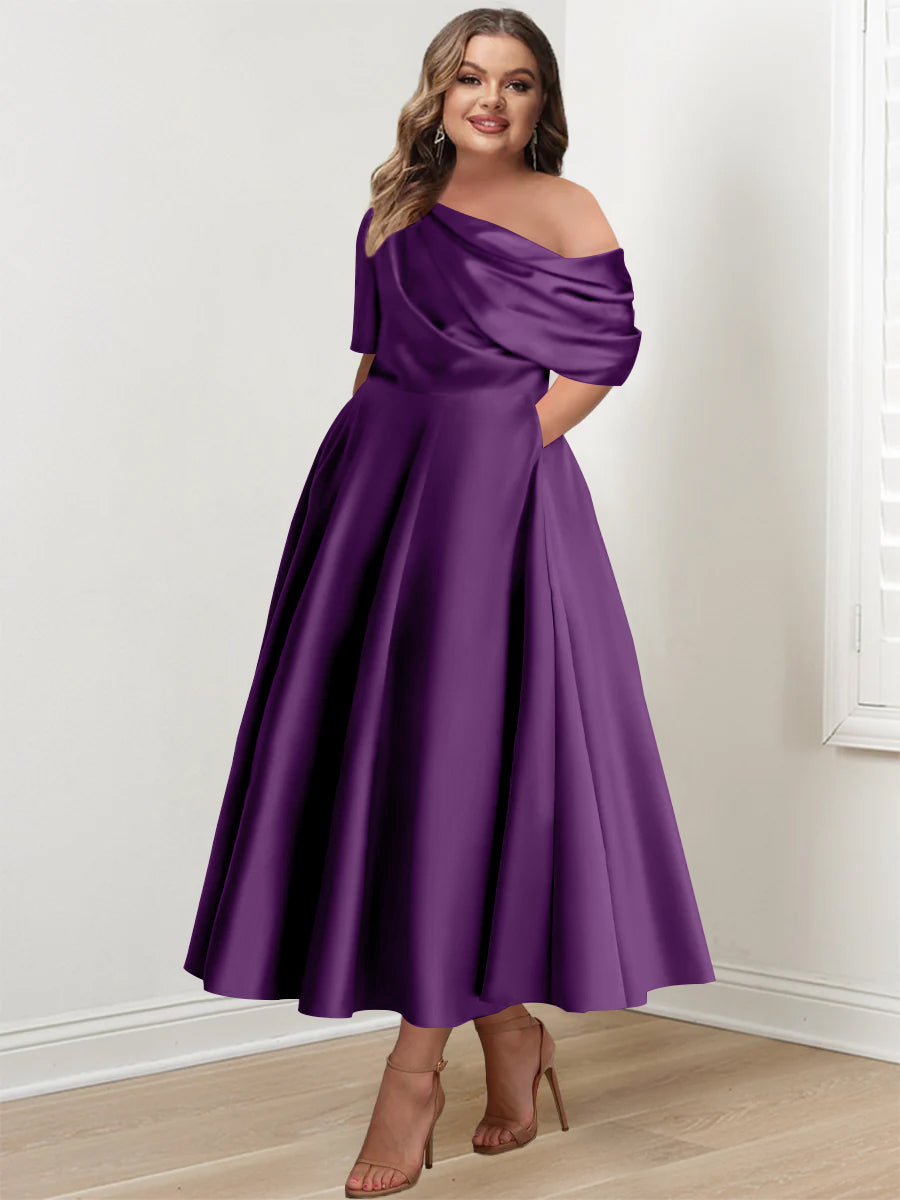 A-Line/Princess One-shoulder Half Sleeve Ankle-Length Plus Size Mother of the Bride Dresses with Ruffles