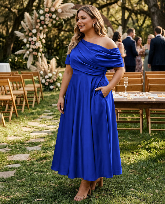 A-Line/Princess One-shoulder Half Sleeve Ankle-Length Plus Size Mother of the Bride Dresses with Ruffles