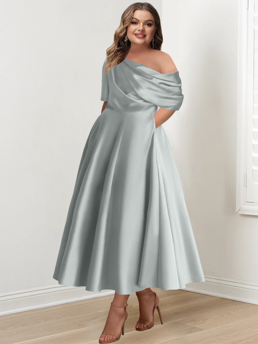 A-Line/Princess One-shoulder Half Sleeve Ankle-Length Plus Size Mother of the Bride Dresses with Ruffles