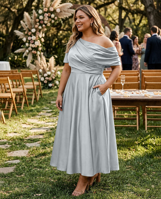 A-Line/Princess One-shoulder Half Sleeve Ankle-Length Plus Size Mother of the Bride Dresses with Ruffles