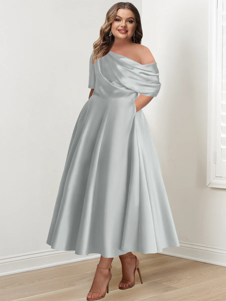 A-Line/Princess One-shoulder Half Sleeve Ankle-Length Plus Size Mother of the Bride Dresses with Ruffles