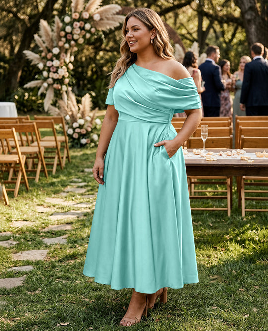 A-Line/Princess One-shoulder Half Sleeve Ankle-Length Plus Size Mother of the Bride Dresses with Ruffles