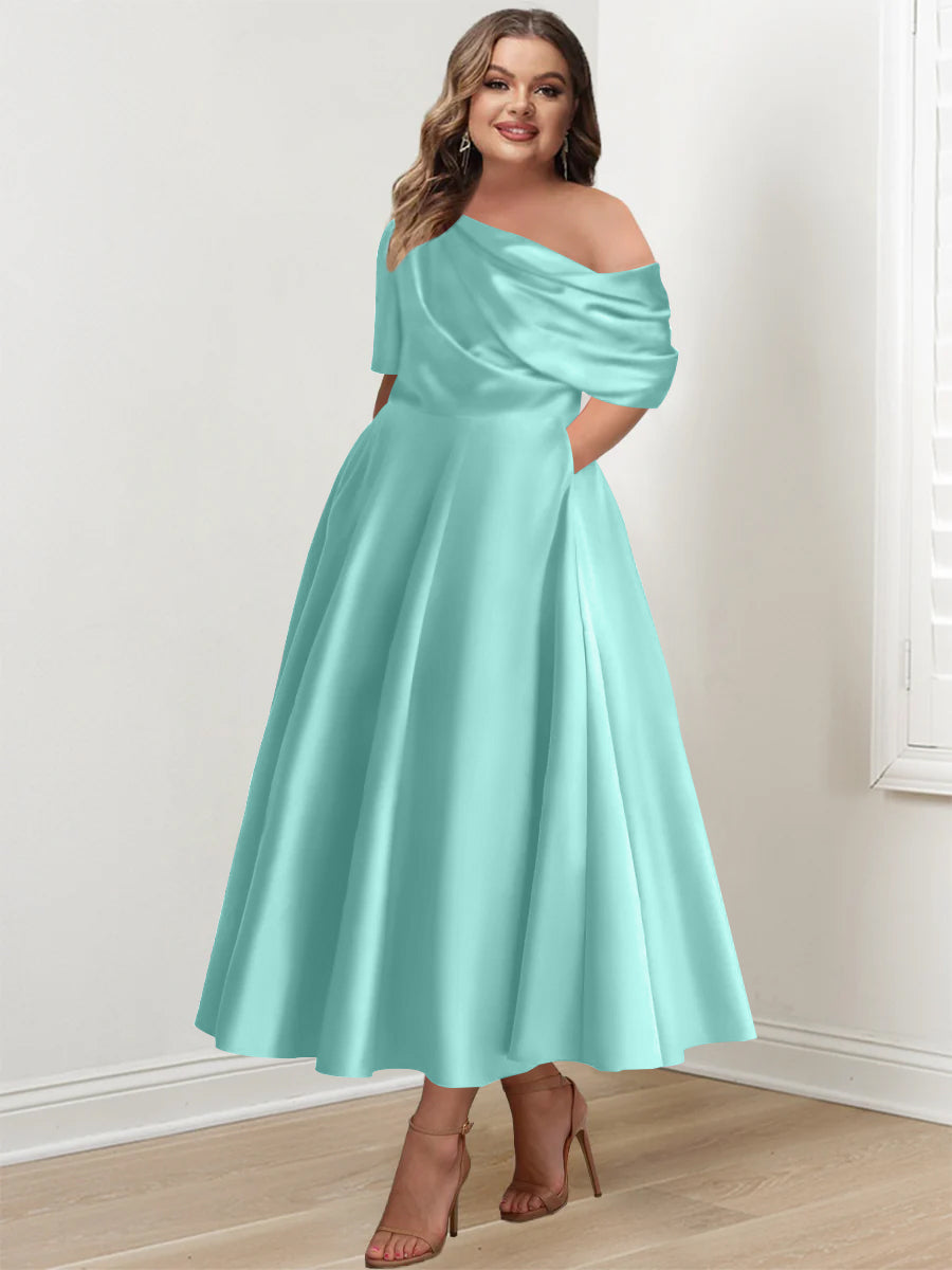 A-Line/Princess One-shoulder Half Sleeve Ankle-Length Plus Size Mother of the Bride Dresses with Ruffles