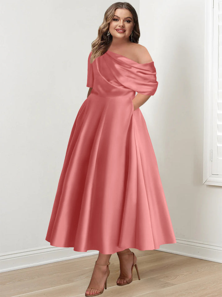 A-Line/Princess One-shoulder Half Sleeve Ankle-Length Plus Size Mother of the Bride Dresses with Ruffles