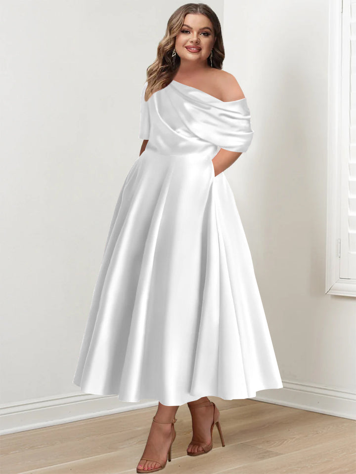 A-Line/Princess One-shoulder Half Sleeve Ankle-Length Plus Size Mother of the Bride Dresses with Ruffles