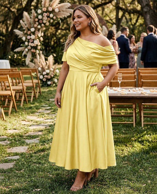 A-Line/Princess One-shoulder Half Sleeve Ankle-Length Plus Size Mother of the Bride Dresses with Ruffles