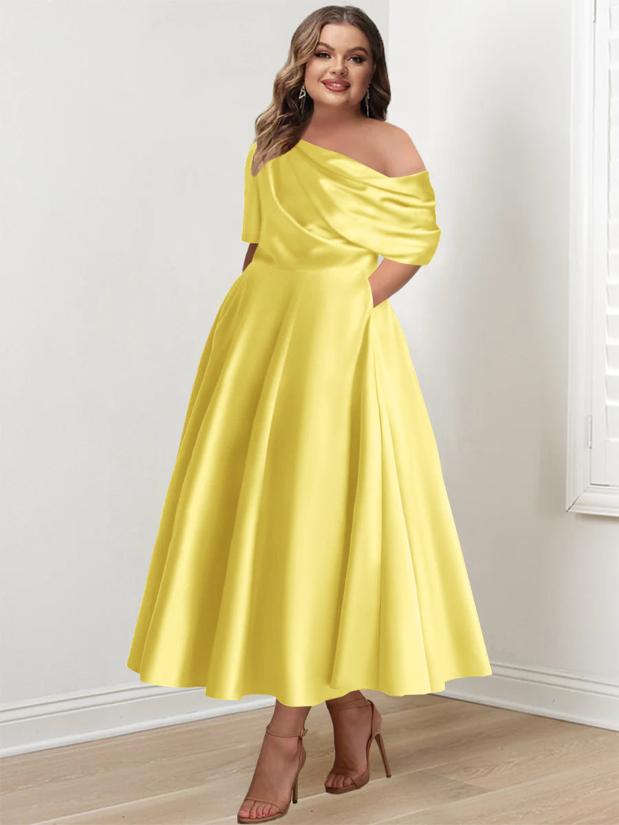 A-Line/Princess One-shoulder Half Sleeve Ankle-Length Plus Size Mother of the Bride Dresses with Ruffles