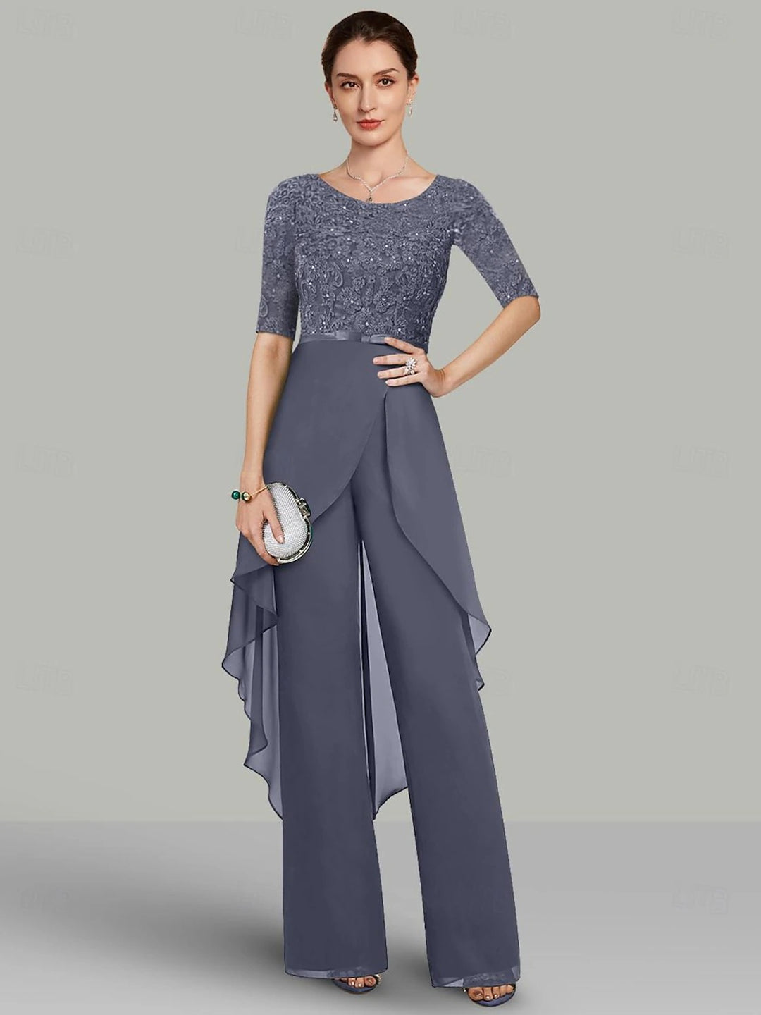 Chiffon 2 Pieces Jewel Neck Half Sleeves Floor-Length Mother of the Bride Pantsuits with Lace & Ruffles