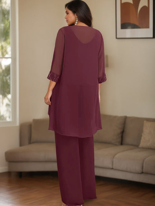 Chiffon Sequins Scoop Neck Long Sleeves 3 Pieces Pantsuits with Jacket