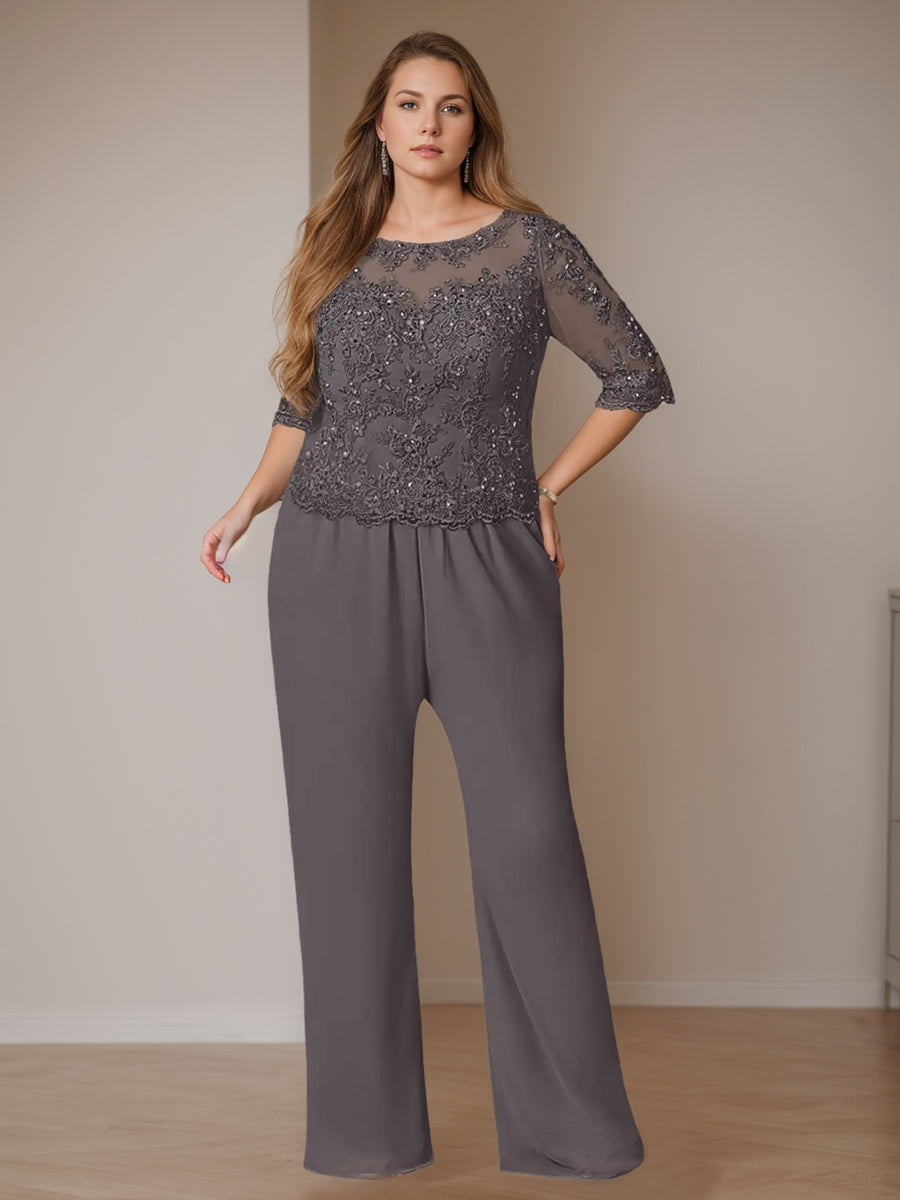 Chiffon 3 Pieces Scoop Neck Long Sleeves Floor-Length Plus Size Mother Of The Bride Pantsuits With Jacket