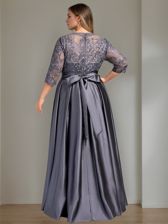 A-Line/Princess V-Neck Printed Satin Mother of the Bride Dresses with Bowknot 3/4 Sleeves Floral Tea-Length