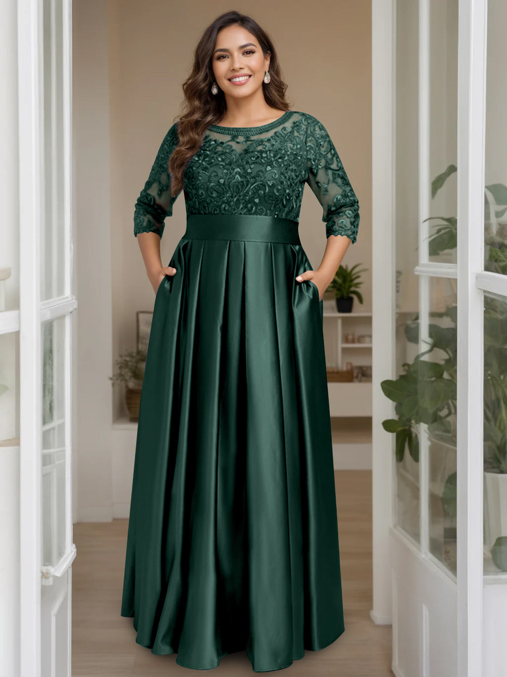 A-Line/Princess Scoop 3/4 Length Sleeves Floor-Length Plus Size Mother of the Bride Dresses with Bow & Sequins Dark Green A-Line/Princess Scoop 3/4 Length Sleeves Floor-Length Plus Size Mother of the Bride Dresses with Bow & Sequins Dark Green