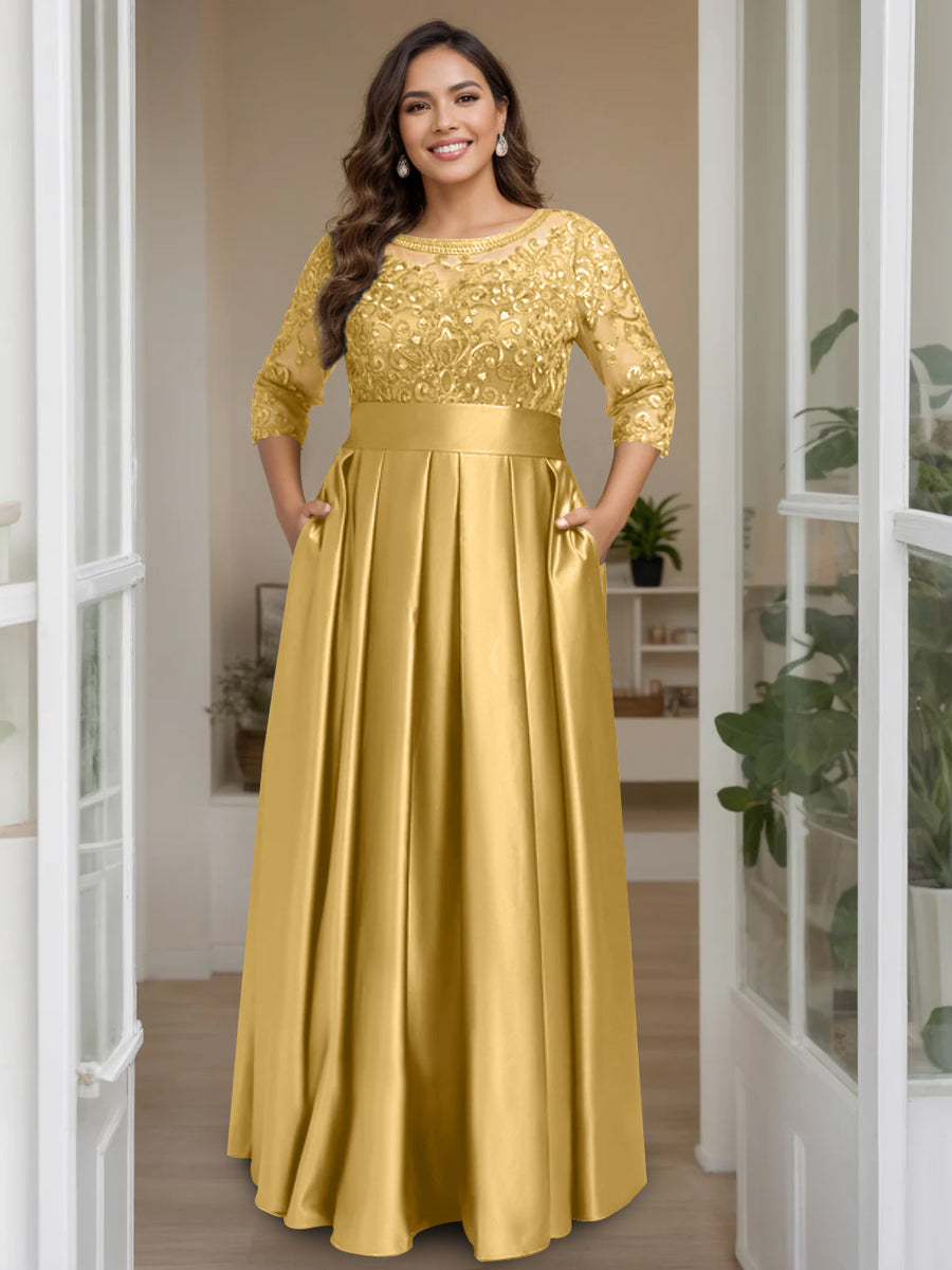 A-Line/Princess Scoop 3/4 Length Sleeves Floor-Length Plus Size Mother of the Bride Dresses with Bow & Sequins