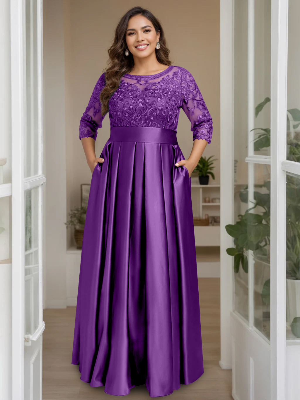 A-Line/Princess Scoop 3/4 Length Sleeves Floor-Length Plus Size
