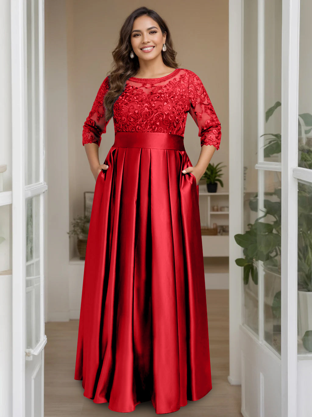 A-Line/Princess Scoop 3/4 Length Sleeves Floor-Length Plus Size