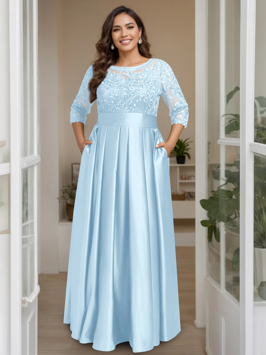 A-Line/Princess Scoop 3/4 Length Sleeves Floor-Length Plus Size Mother of the Bride Dresses with Bow & Sequins
