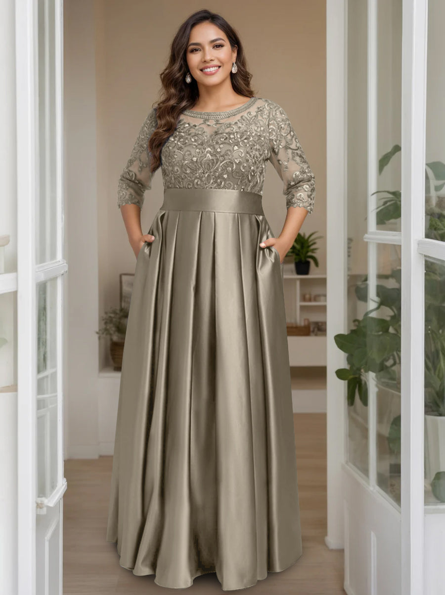 A-Line/Princess Scoop 3/4 Length Sleeves Floor-Length Plus Size Mother of the Bride Dresses with Bow & Sequins
