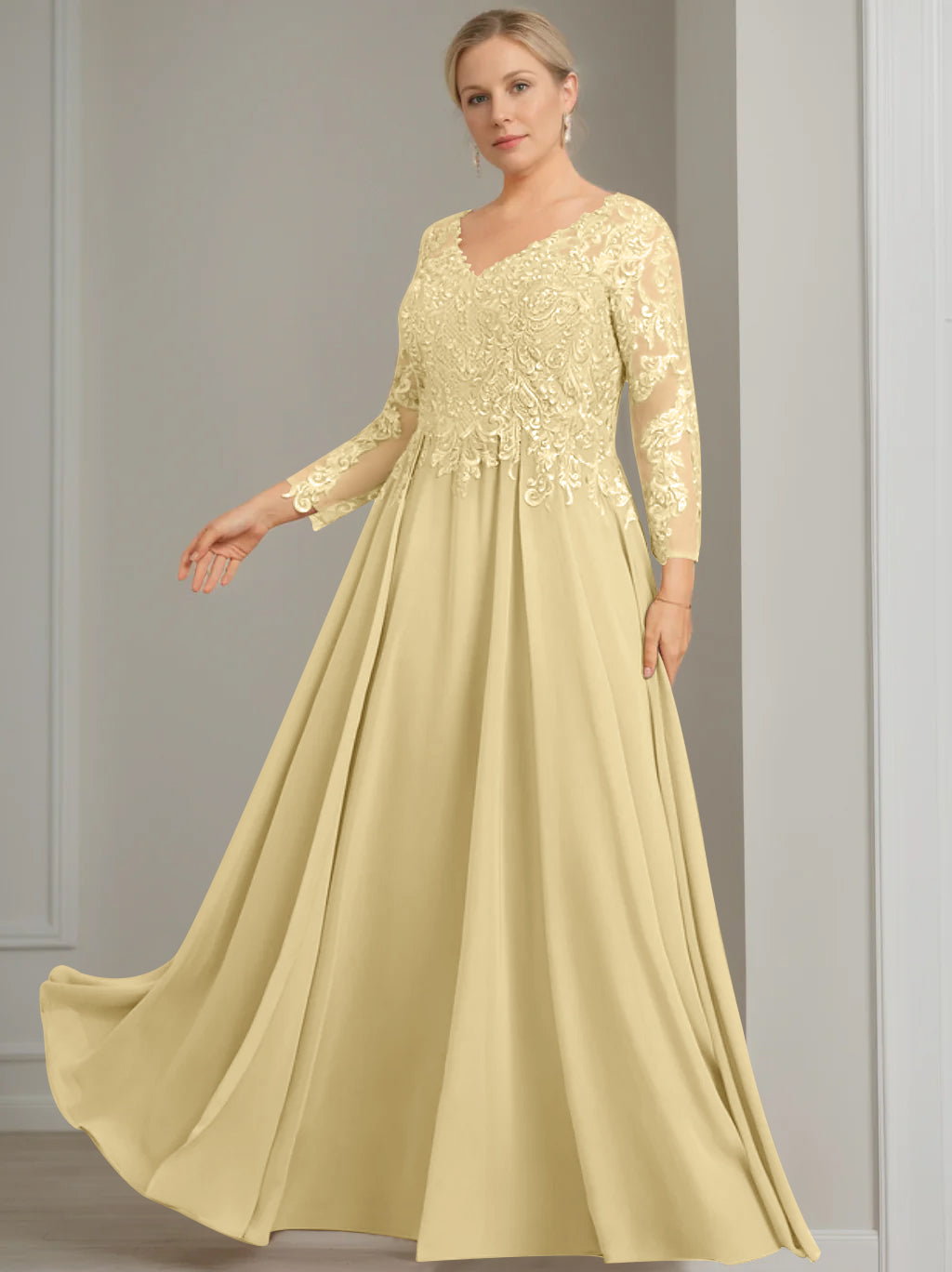 A-Line/Princess V-Neck 3/4 Length Sleeves Floor-Length Plus Size