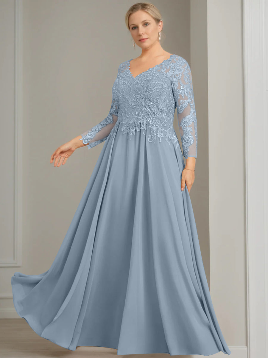 A-Line/Princess V-Neck 3/4 Length Sleeves Floor-Length Plus Size Mother of the Bride Dresses with Sequins