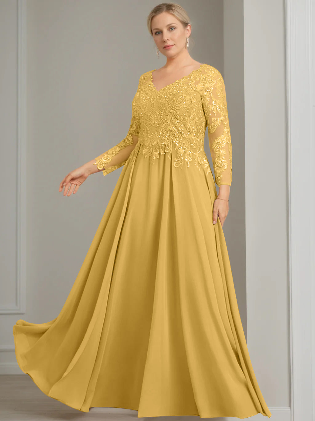 A-Line/Princess V-Neck 3/4 Length Sleeves Floor-Length Plus Size Mother of the Bride Dresses with Sequins Gold A-Line/Princess V-Neck 3/4 Length Sleeves Floor-Length Plus Size Mother of the Bride Dresses with Sequins Gold