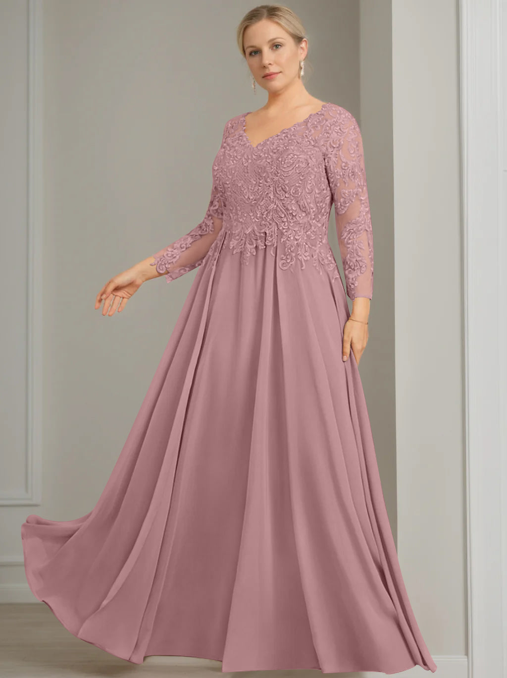 A-Line/Princess V-Neck 3/4 Length Sleeves Floor-Length Plus Size Mother of the Bride Dresses with Sequins Mauve